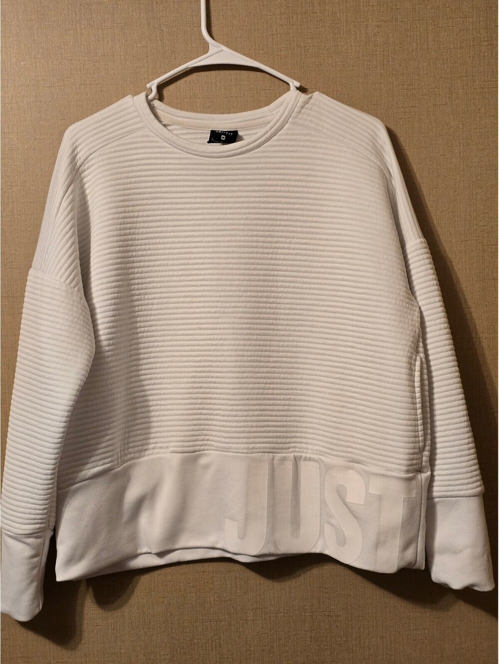 Nike Dri-FIT White Ribbed Long Sleeve Sweatshirt Cropped "Just Do It" Size M